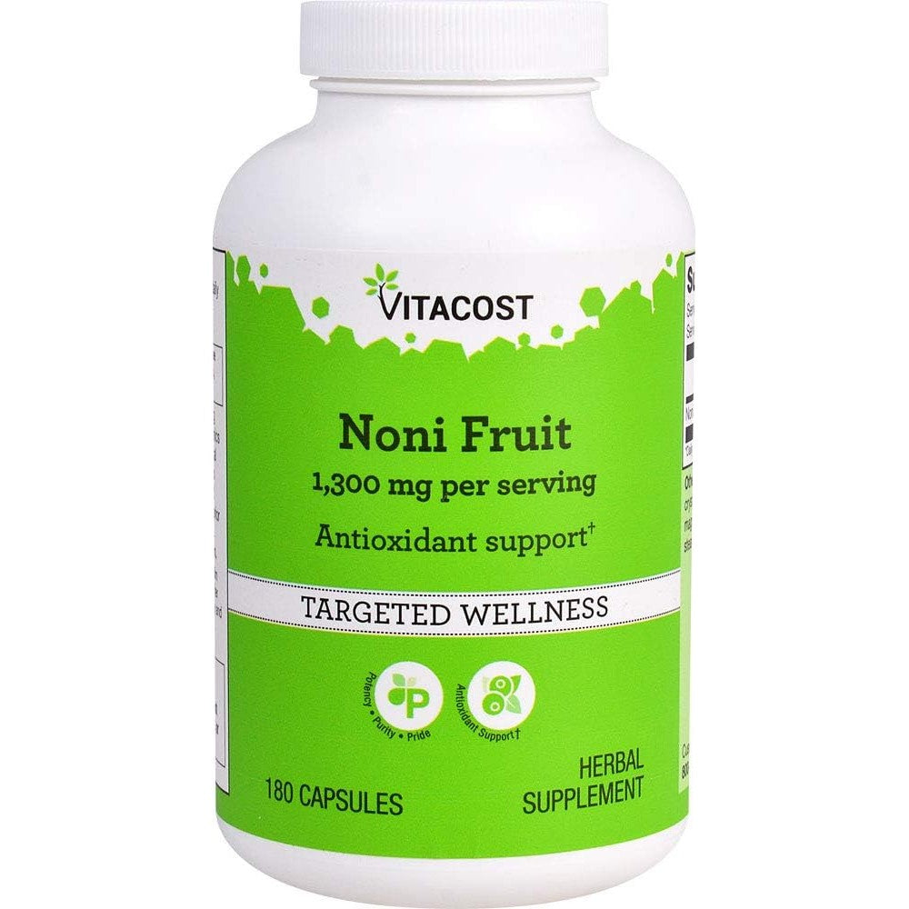 Vitacost Brand Noni Fruit 1300mg 180 Capsules front view authentic herbal supplement
