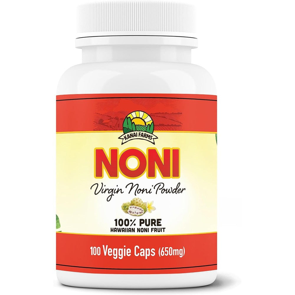 Kanai Farms Virgin Noni Powder Capsules front view bottle for organic immune support
