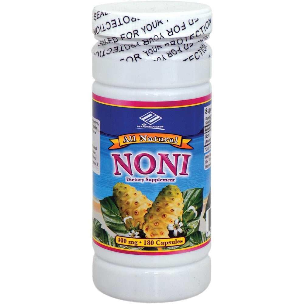 Nu-Health Natural Noni Vitamins 400 mg 180 softgels bottle front view for immune health support.