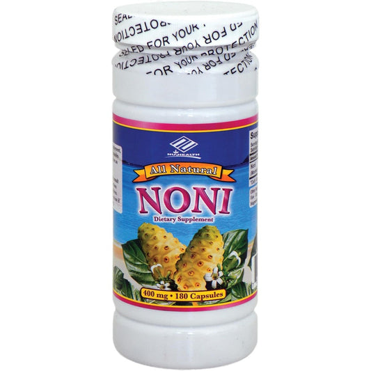 Nu-Health Natural Noni Vitamins 400 mg 180 softgels bottle front view for immune health support.