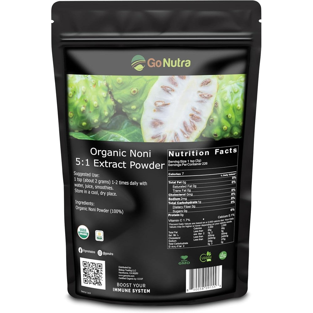Go Nutra Organic Noni Fruit Powder black pouch front view showing organic superfood extract