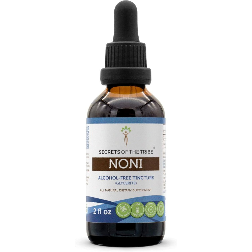 Secrets of the Tribe Noni Alcohol Free Liquid Extract front view showing the dropper bottle label