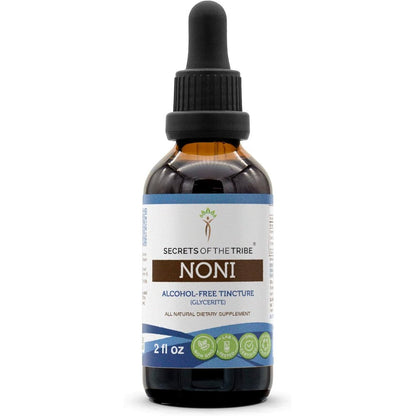 Secrets of the Tribe Noni Alcohol Free Liquid Extract front view showing the dropper bottle label