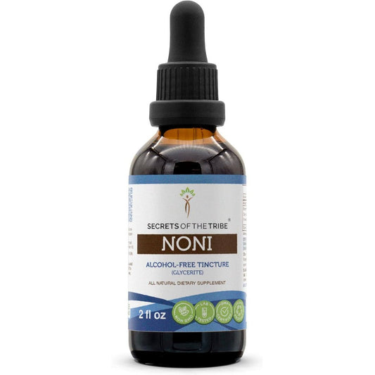 Secrets of the Tribe Noni Alcohol Free Liquid Extract front view showing the dropper bottle label