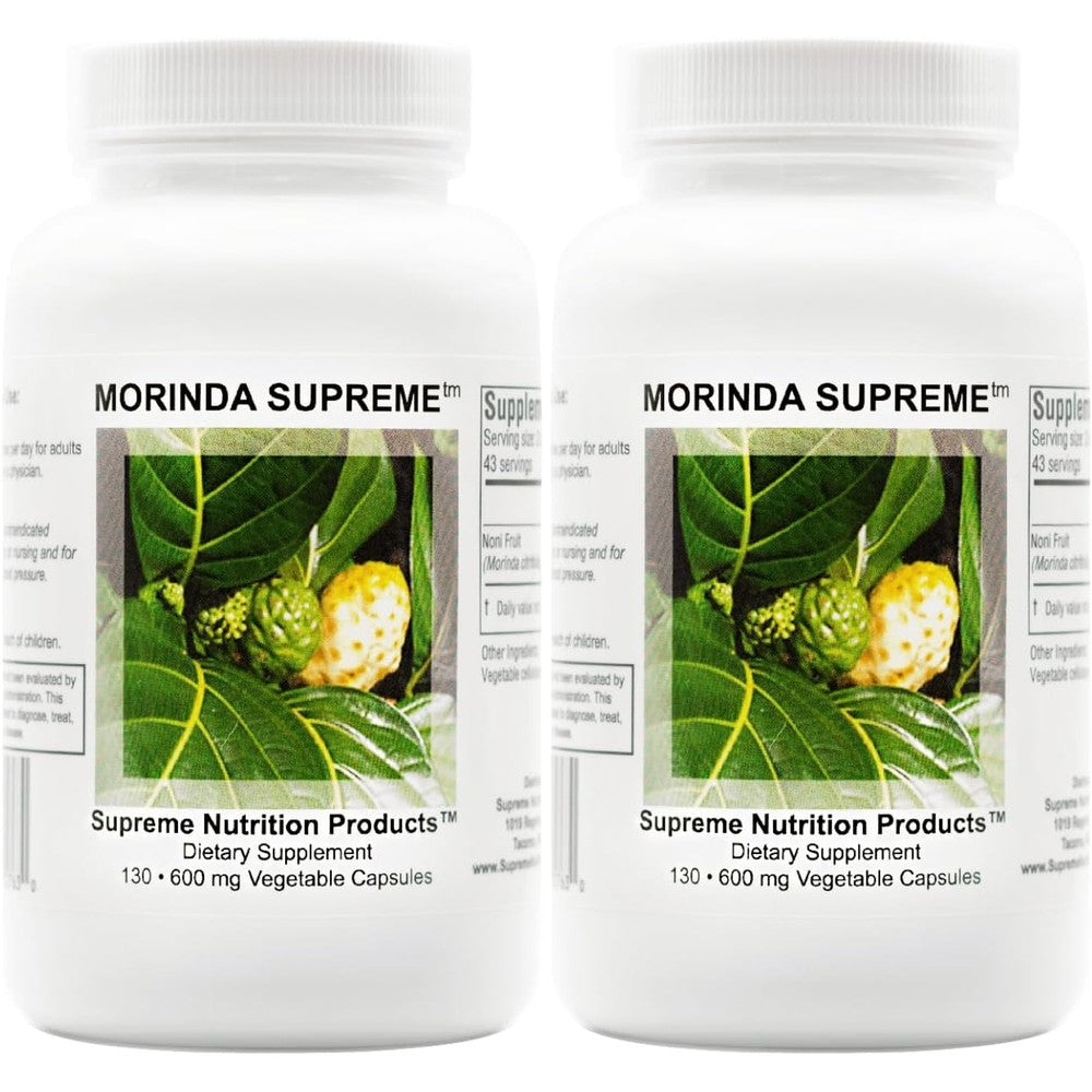 Supreme Nutrition Morinda Supreme 2 Pack front view bottle showing whole noni fruit supplement labels.