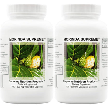 Supreme Nutrition Morinda Supreme 2 Pack front view bottle showing whole noni fruit supplement labels.