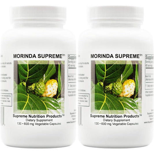 Supreme Nutrition Morinda Supreme 2 Pack front view bottle showing whole noni fruit supplement labels.