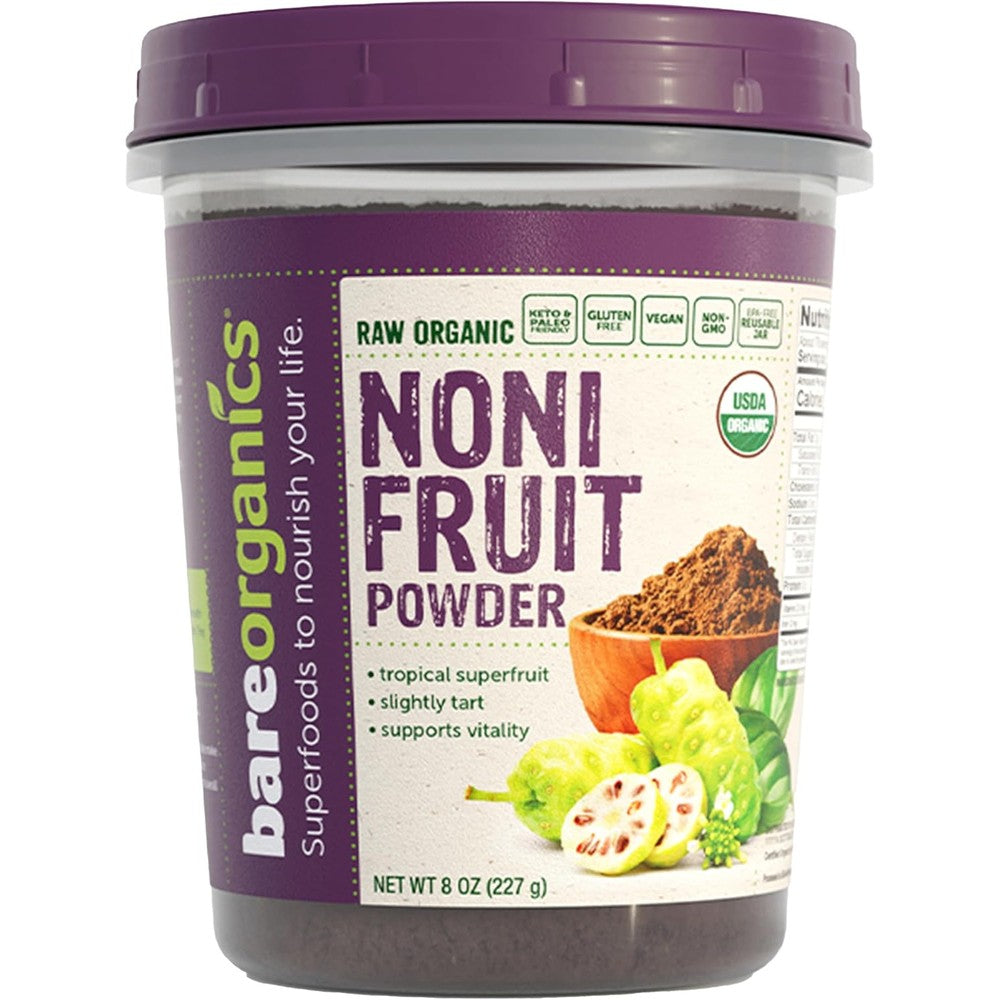 BareOrganics Organic Noni Fruit Powder front view container for vitality support