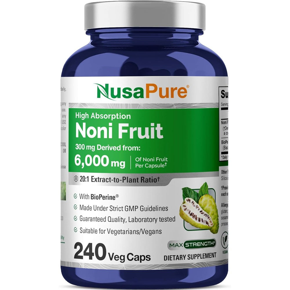 NusaPure Noni Fruit Capsules front label view showing 240 vegetarian capsules bottle