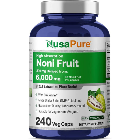 NusaPure Noni Fruit Capsules front label view showing 240 vegetarian capsules bottle