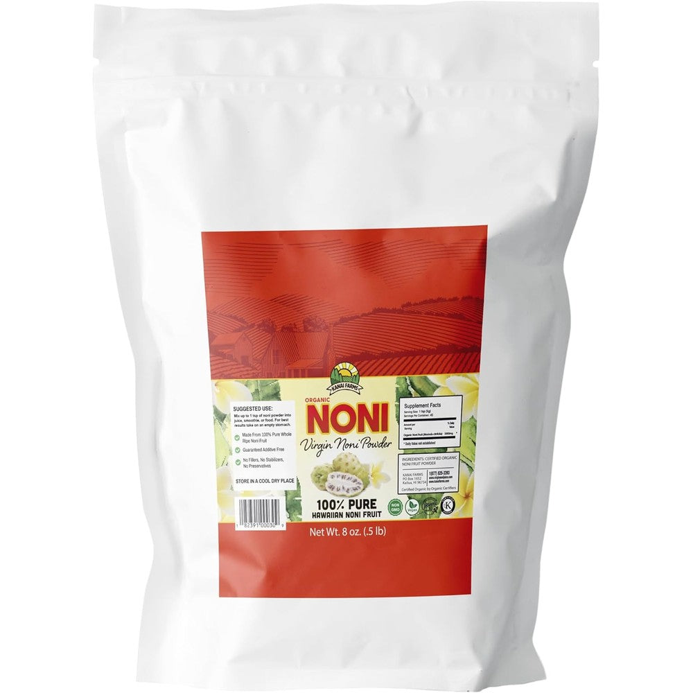Kanai Farms Virgin Noni Powder eight ounce package front view showing certified organic seal