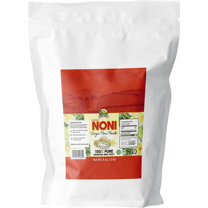 Kanai Farms Virgin Noni Powder eight ounce package front view showing certified organic seal