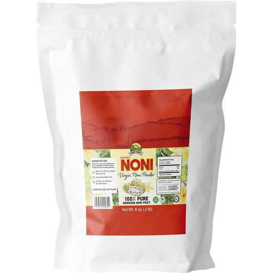 Kanai Farms Virgin Noni Powder eight ounce package front view showing certified organic seal
