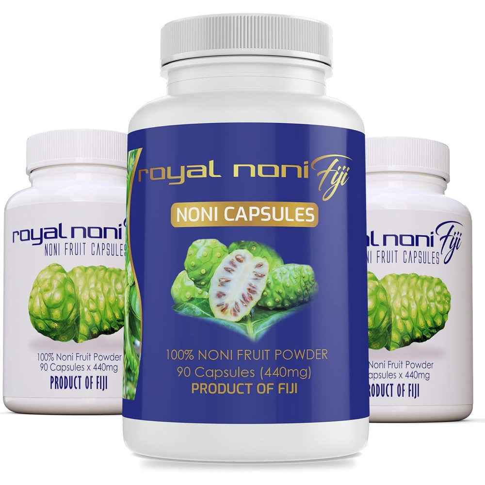 Royal Noni Fiji Organic Noni Fruit Capsules front view bottle showing 90 count labeling