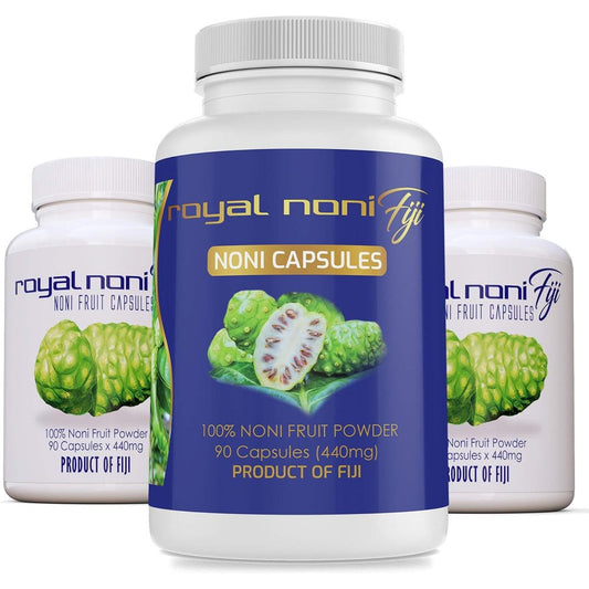 Royal Noni Fiji Organic Noni Fruit Capsules front view bottle showing 90 count labeling