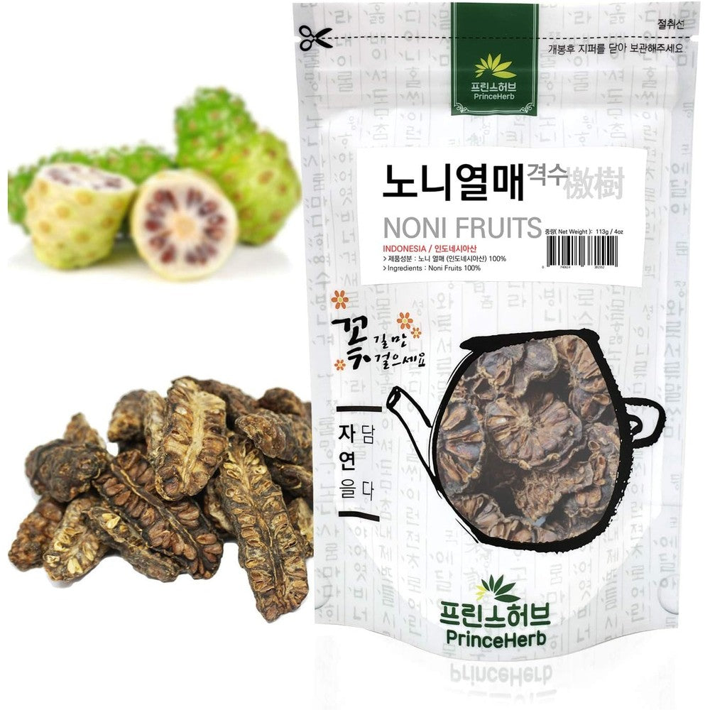 Prince Herb Dried Noni Fruit four ounce front view packaging showing authentic whole herbal tea pieces.
