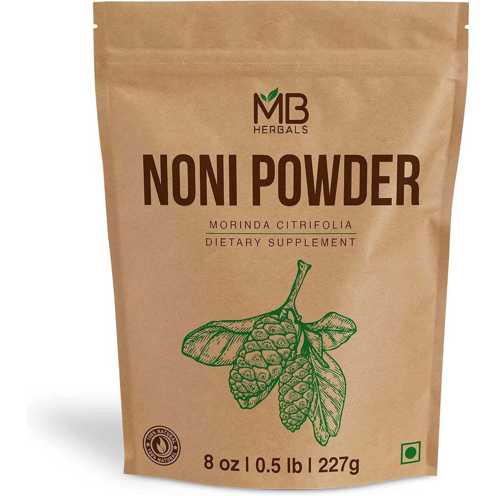 MB Herbals Noni Powder eight ounce front packaging showing organic dietary supplement information.