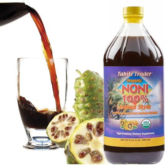 Tahiti Trader Island Style High Potency Noni Juice 32 Ounce front view bottle for organic energy boost