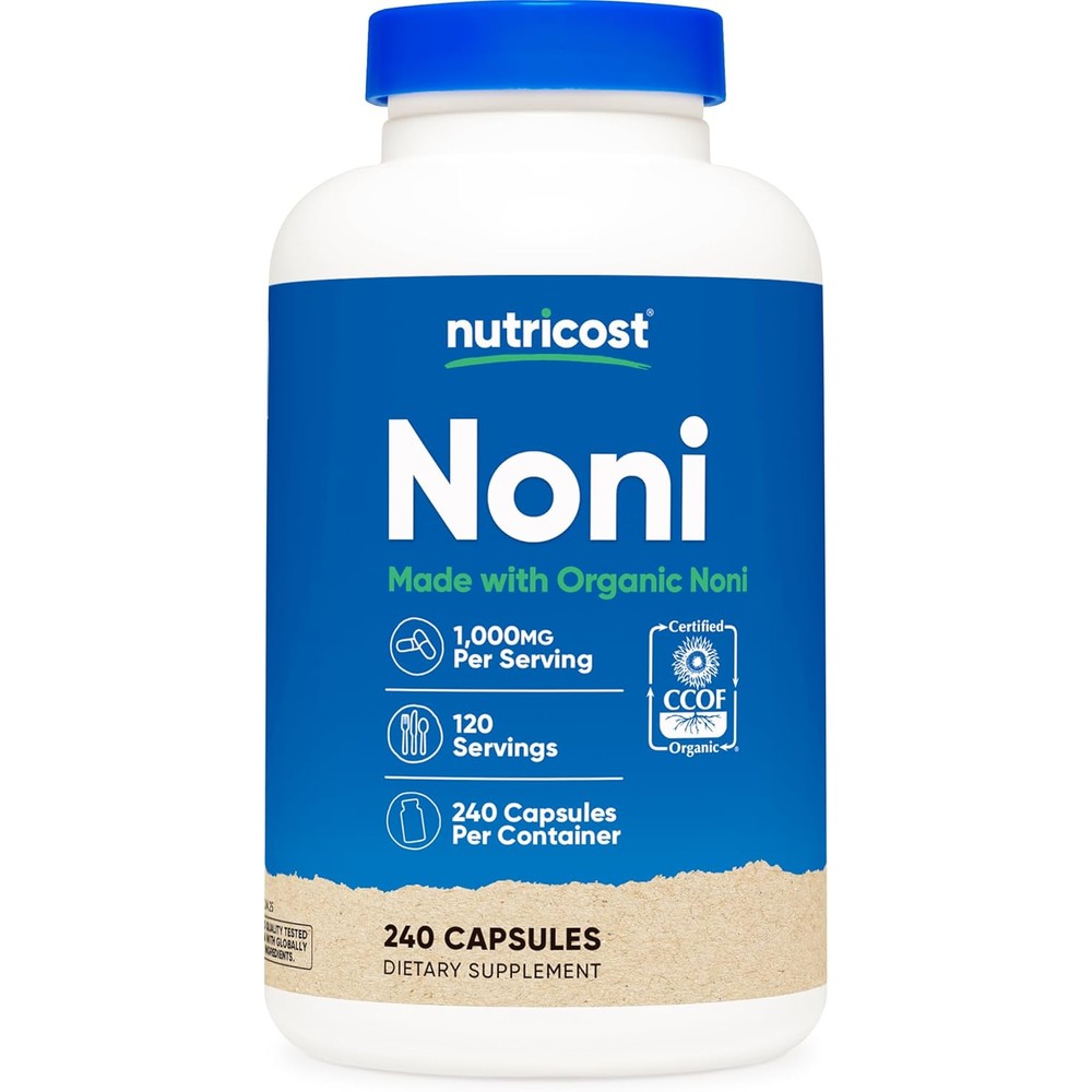 Nutricost Organic Noni Capsules front view showing 240 vegetarian capsules bottle for immune support