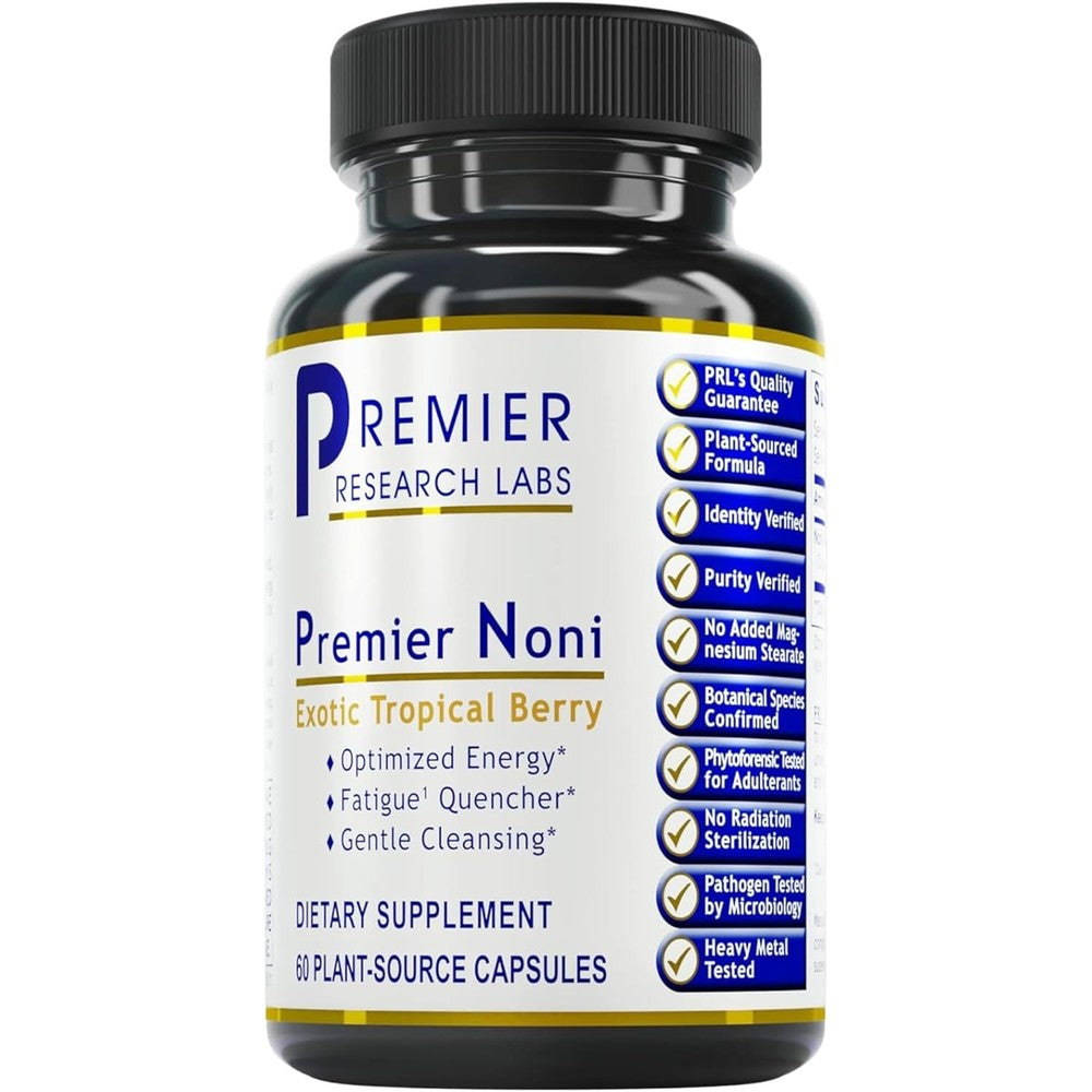 Premier Research Labs Premier Noni 60 capsules front bottle view for organic gut health support.