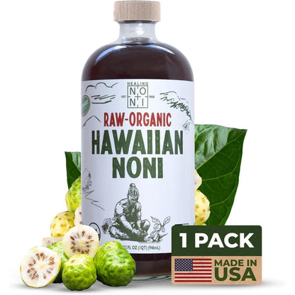 Healing Noni 100 percent Pure Raw Hawaiian Noni Juice 32 Fluid Ounces front view bottle