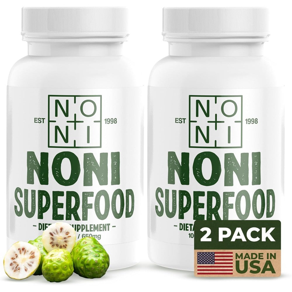 Healing Noni 100% Pure Noni Fruit Powder 2-Pack front view showing supplement bottle graphics and immunity benefits.