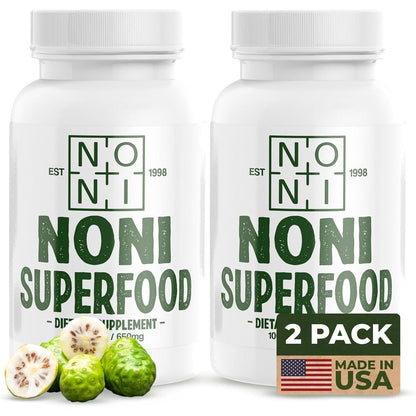 Healing Noni 100% Pure Noni Fruit Powder 2-Pack front view showing supplement bottle graphics and immunity benefits.