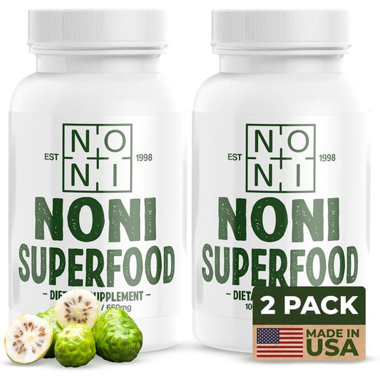 Healing Noni 100% Pure Noni Fruit Powder 2-Pack front view showing supplement bottle graphics and immunity benefits.