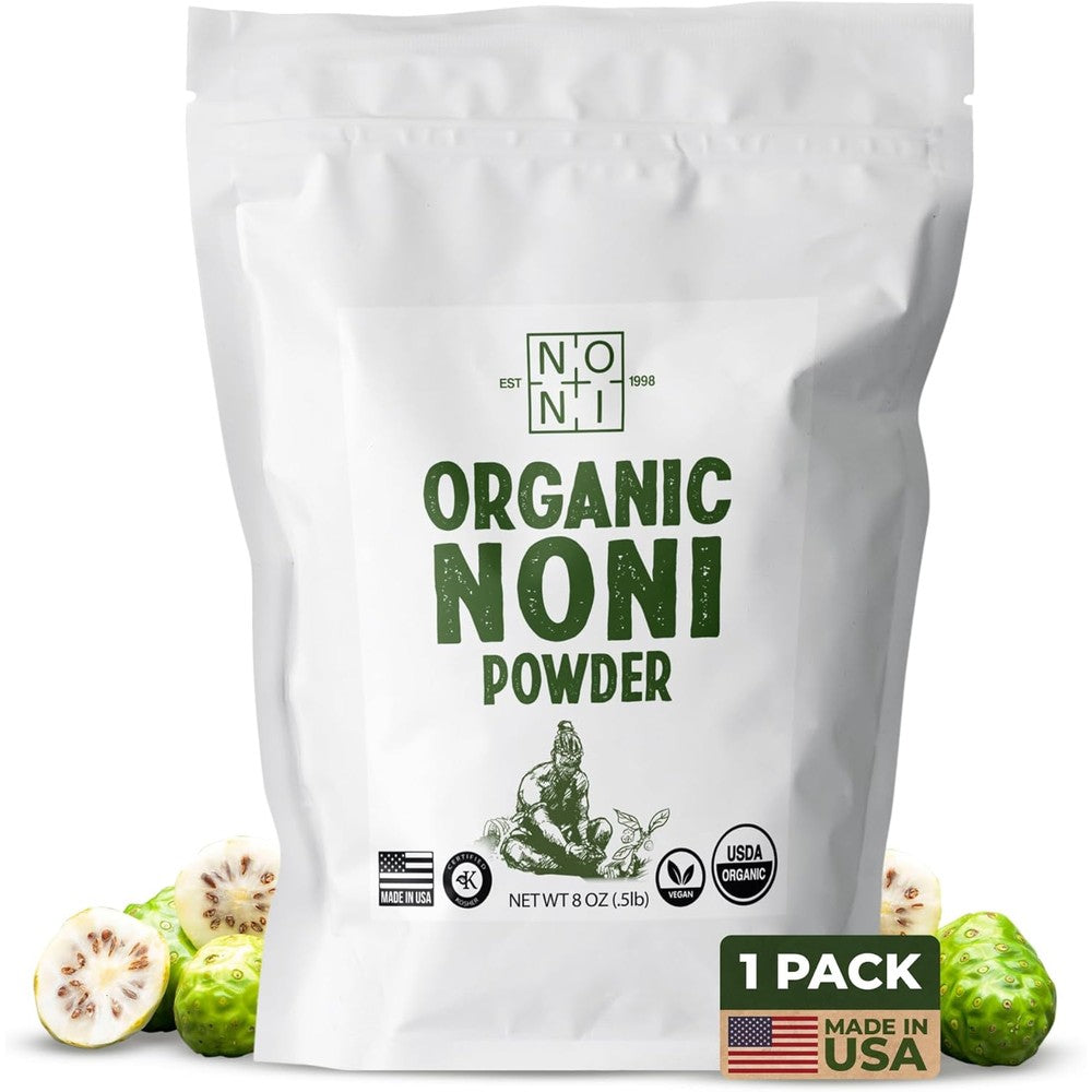 Healing Noni Organic Noni Powder eight ounce front packaging view showing authentic organic superfood certification logos.