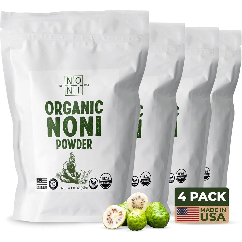 Healing Noni Organic Noni Powder 4-pack front view packaging showing USDA Organic seal.
