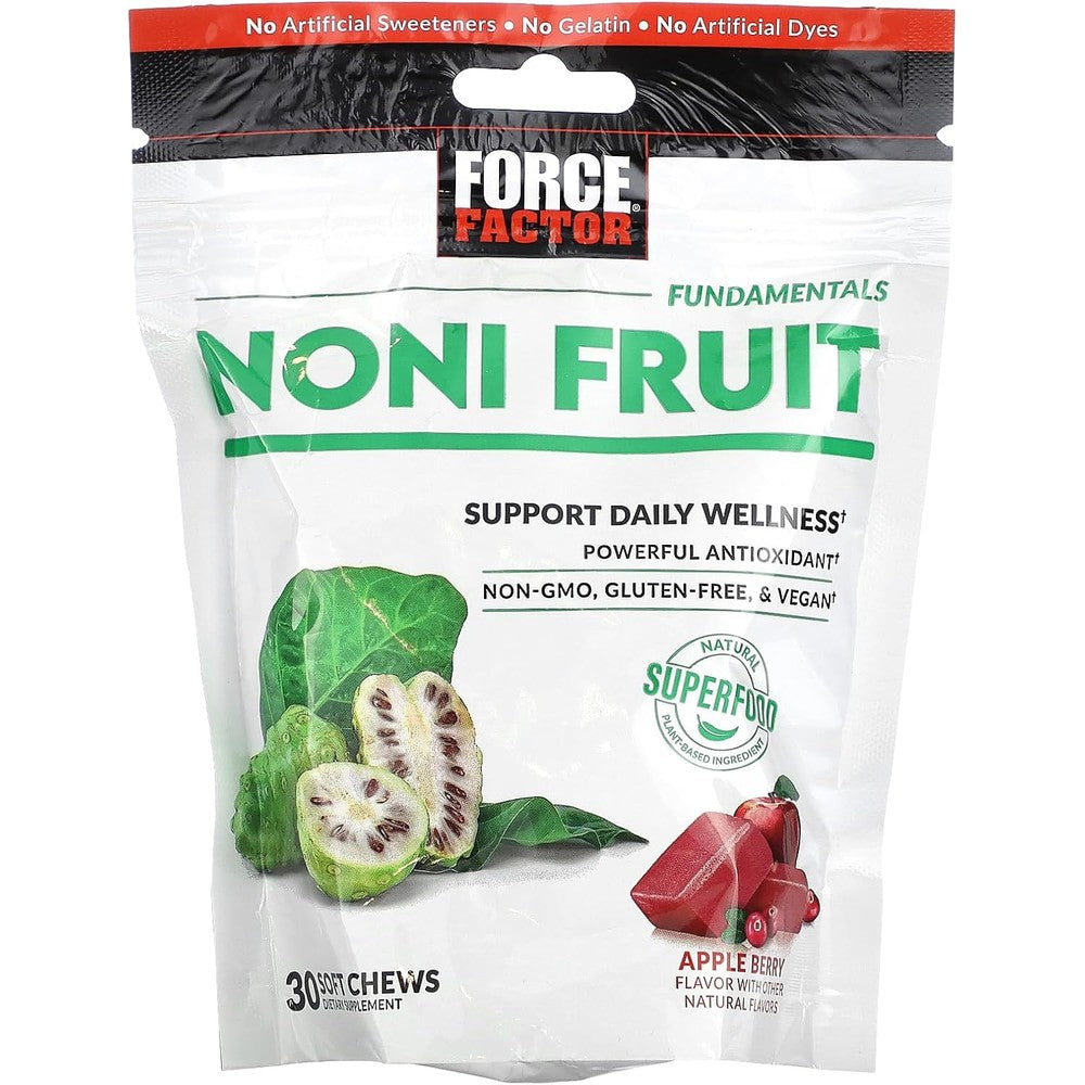 Force Factor Noni Fruit Soft Chews front view packaging of antioxidant superfood supplement.