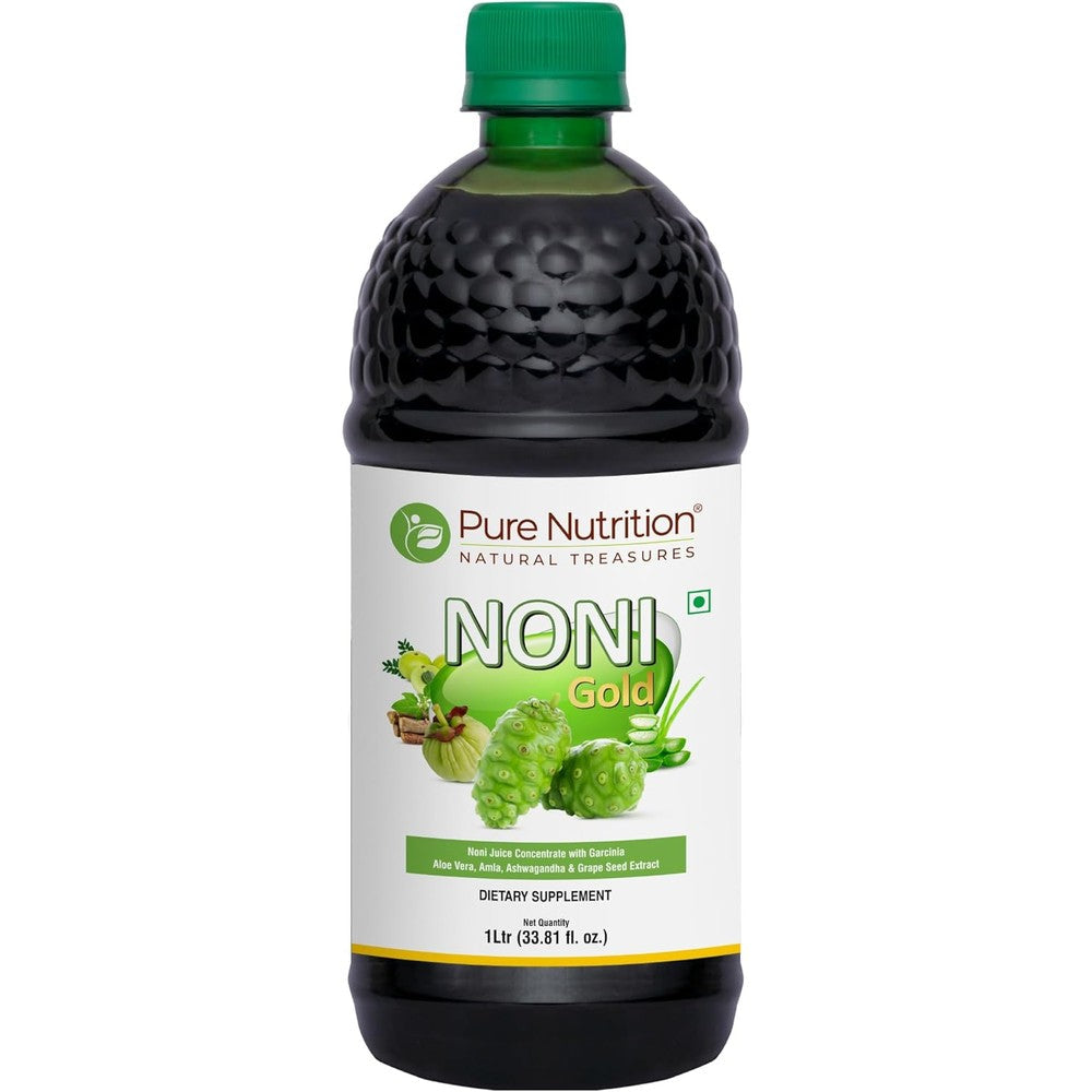 Pure Nutrition Noni Gold 1000ml front view bottle showing premium detox juice concentrate packaging.