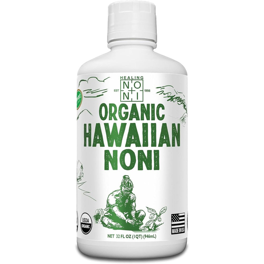 Healing Noni Pure Hawaiian Organic Noni Juice 32oz plastic bottle front view for natural immune support