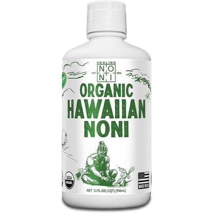 Healing Noni Pure Hawaiian Organic Noni Juice 32oz plastic bottle front view for natural immune support