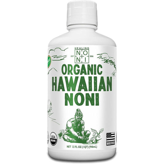 Healing Noni Pure Hawaiian Organic Noni Juice 32oz plastic bottle front view for natural immune support