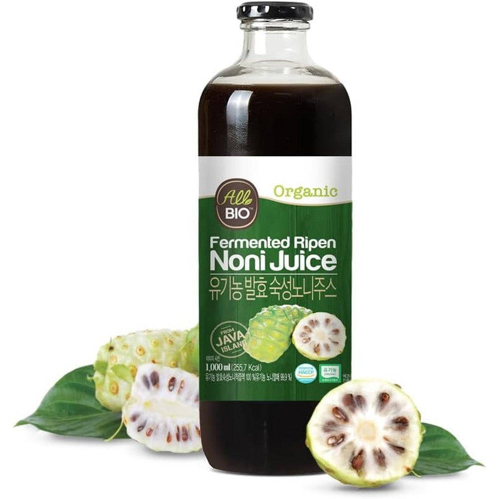 ALL BIO Java Organic Noni Juice Extract 1 Liter bottle front view showing product packaging.