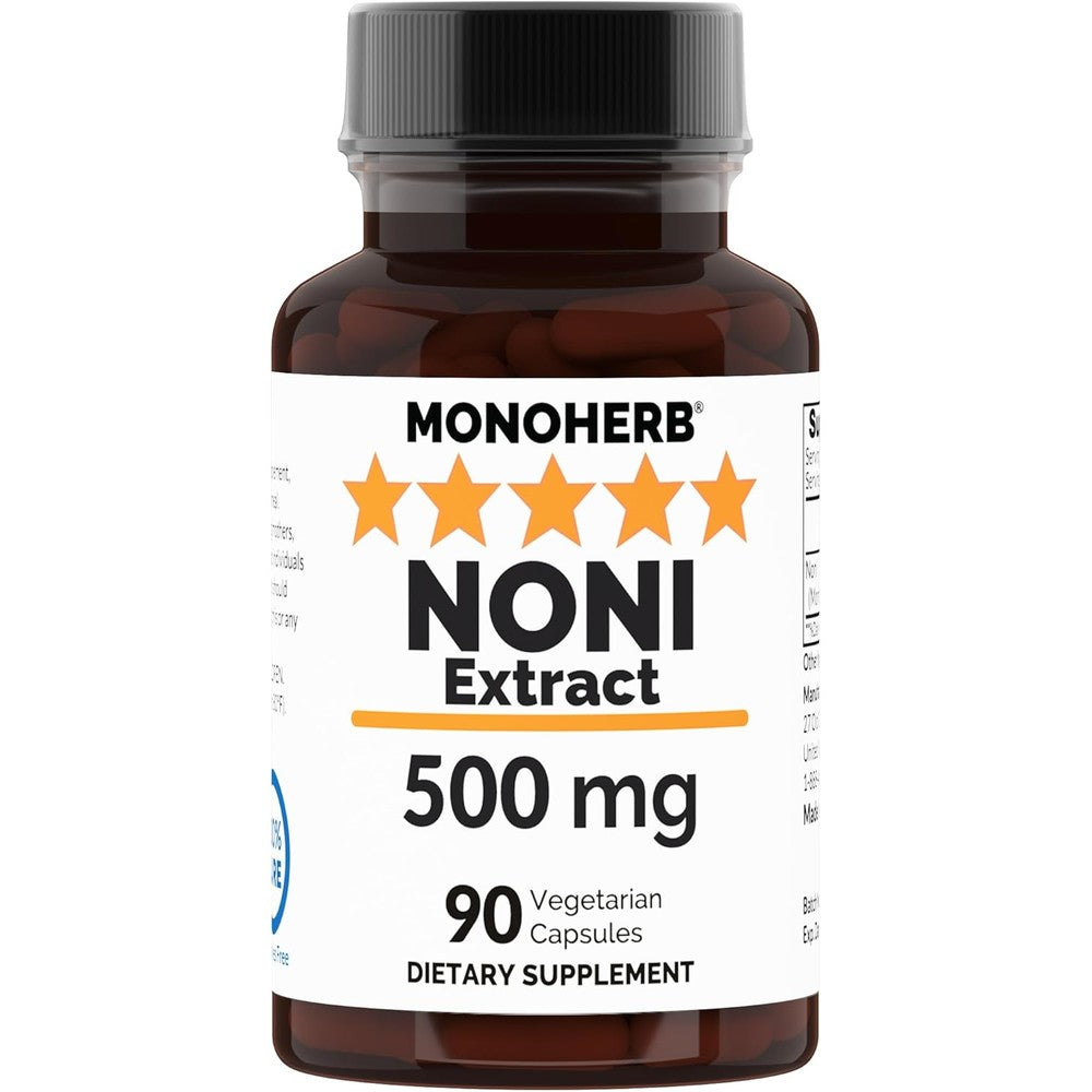 MONOHERB Noni Extract 500mg 90 vegetable capsules front bottle view for immune system support
