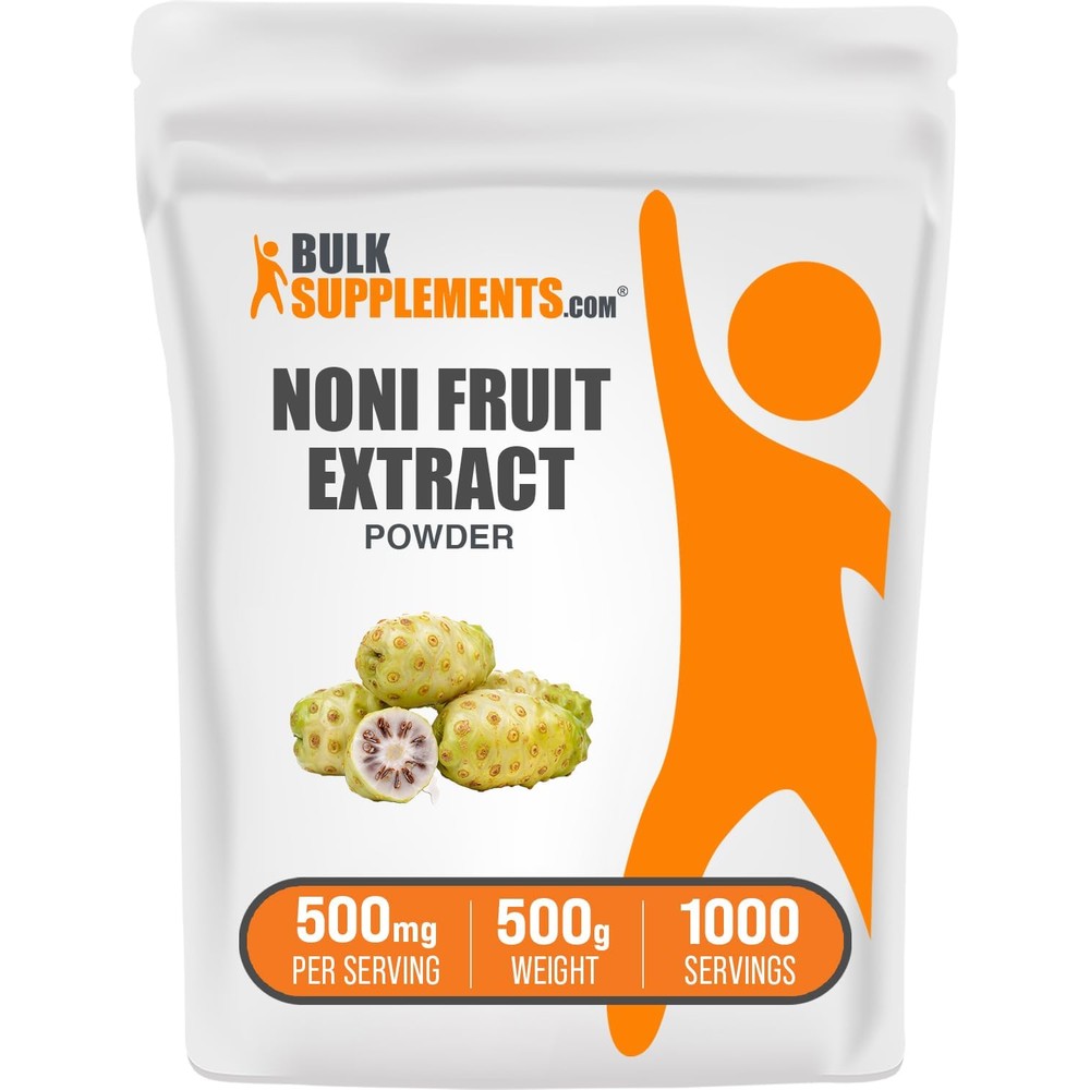 BulkSupplements Noni Fruit Extract Powder 500 Grams front view of resealable packaging pouch for immune support.