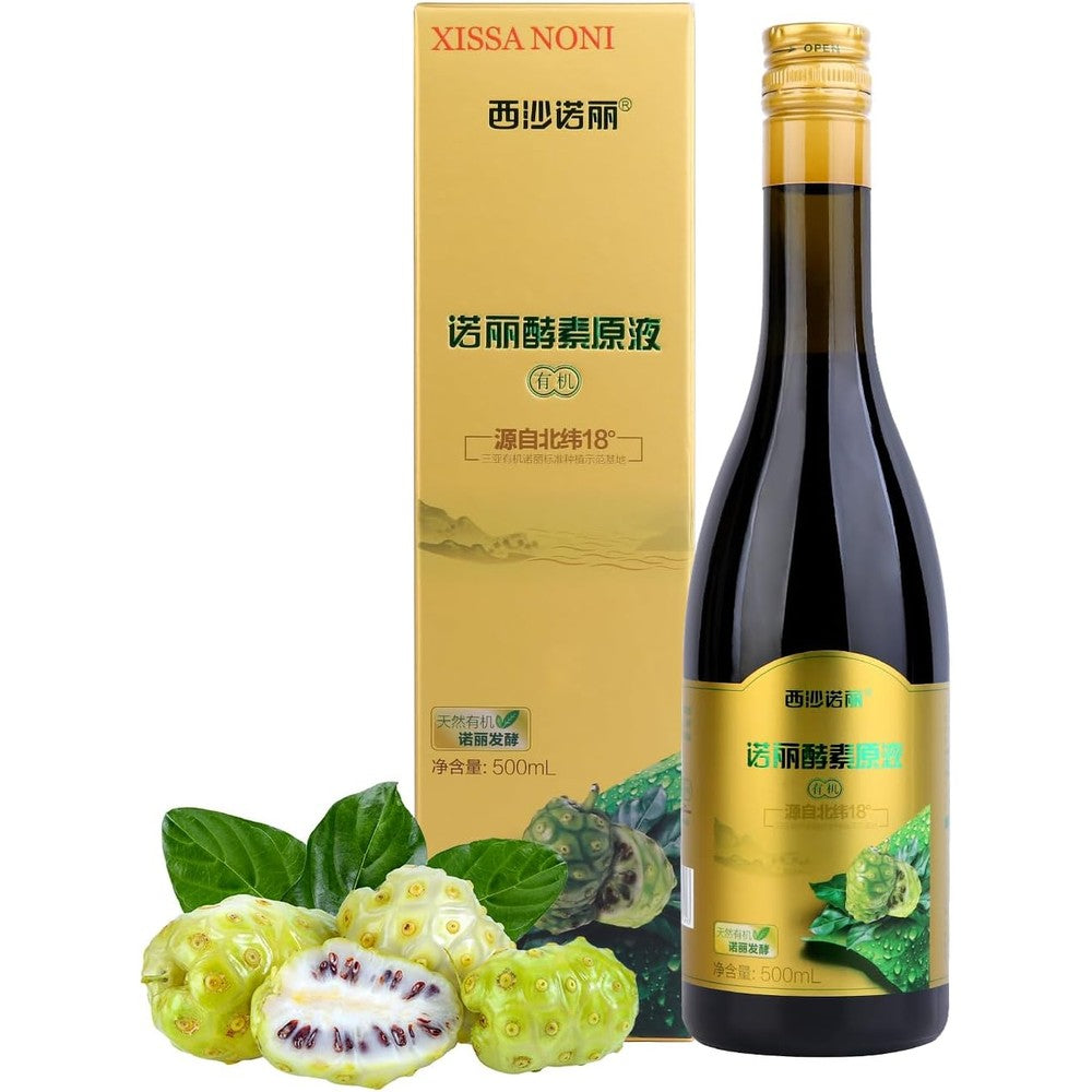 Xissa Noni Pure Noni Juice Enzyme 500ml bottle front view showing organic health tonic labeling.
