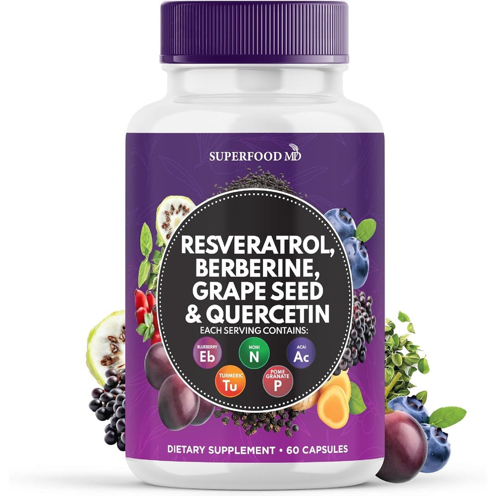 Superfood MD Resveratrol Berberine Grape Seed Extract Quercetin 60 capsules front view showing packaging labels