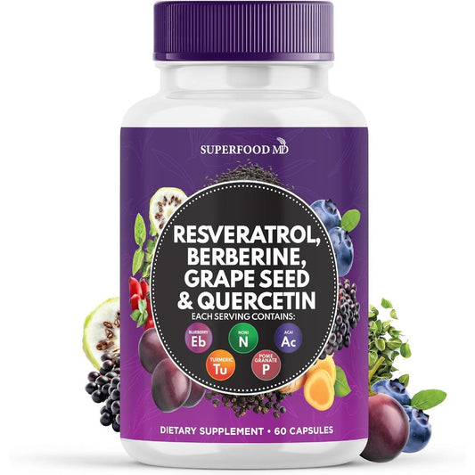 Superfood MD Resveratrol Berberine Grape Seed Extract Quercetin 60 capsules front view showing packaging labels