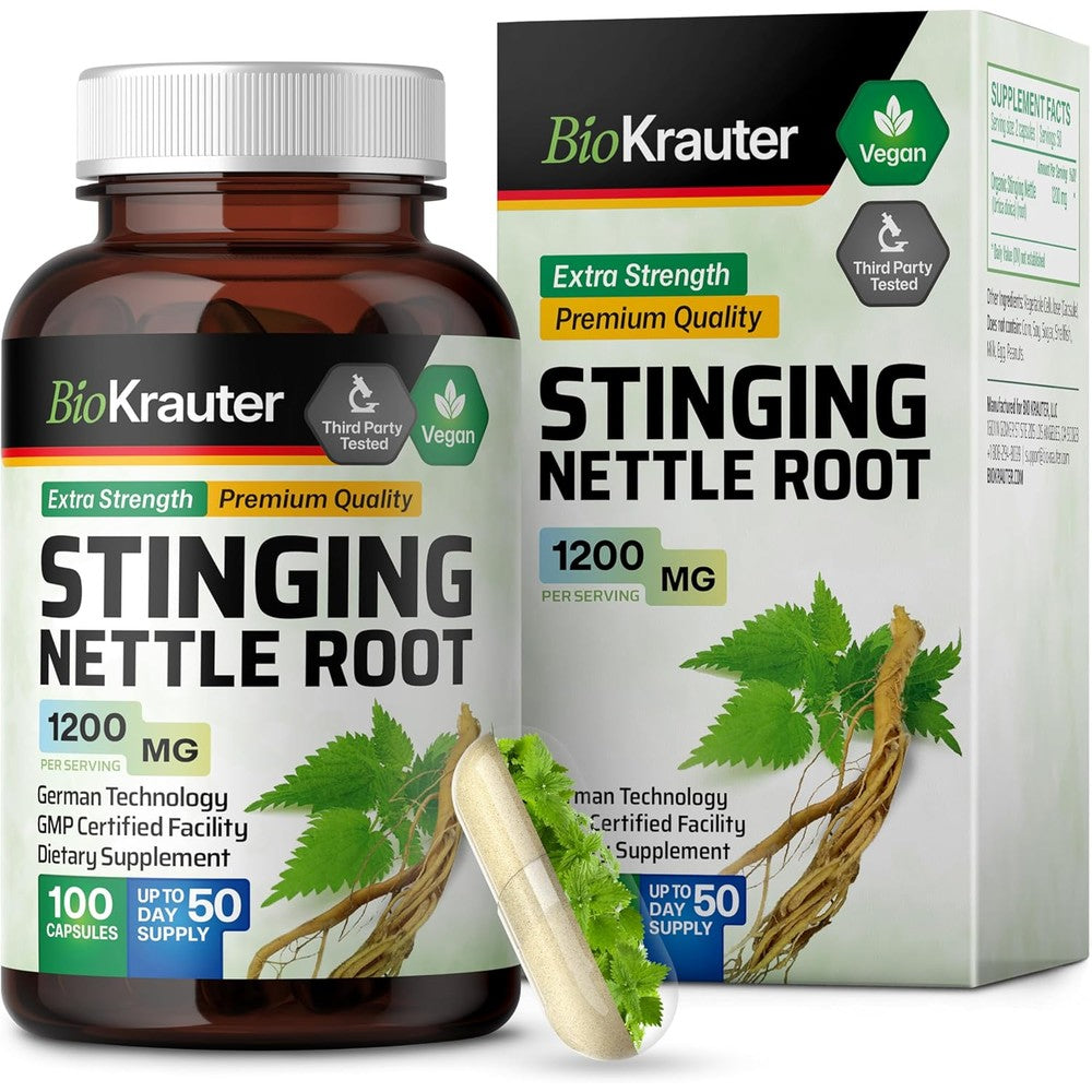 BIO KRAUTER Stinging Nettle Root supplement bottle front view showcasing 1200mg urinary tract support