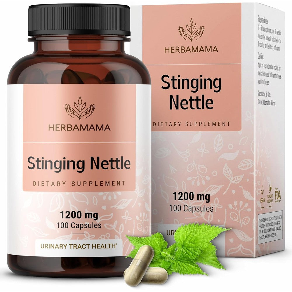 HERBAMAMA Stinging Nettle Root 1200mg 100 capsules front view bottle showing prostate and urinary tract health benefits