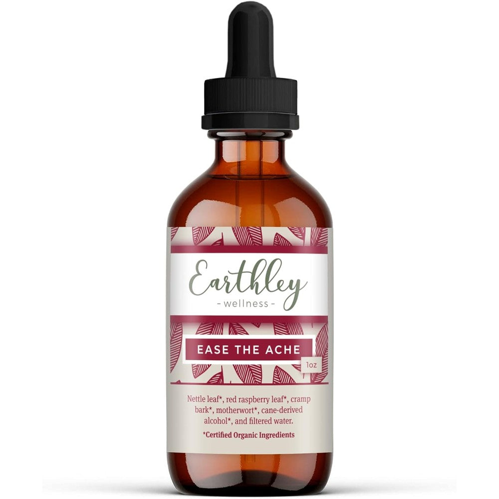 Earthley Wellness Ease The Ache Herbal Tincture 1oz bottle front view for menstrual cramp relief
