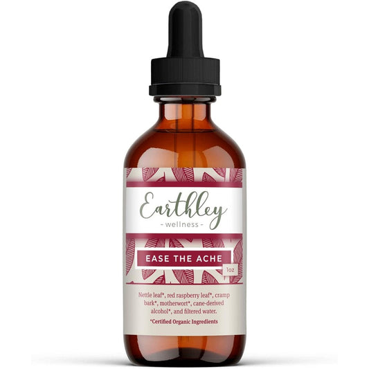 Earthley Wellness Ease The Ache Herbal Tincture 1oz bottle front view for menstrual cramp relief