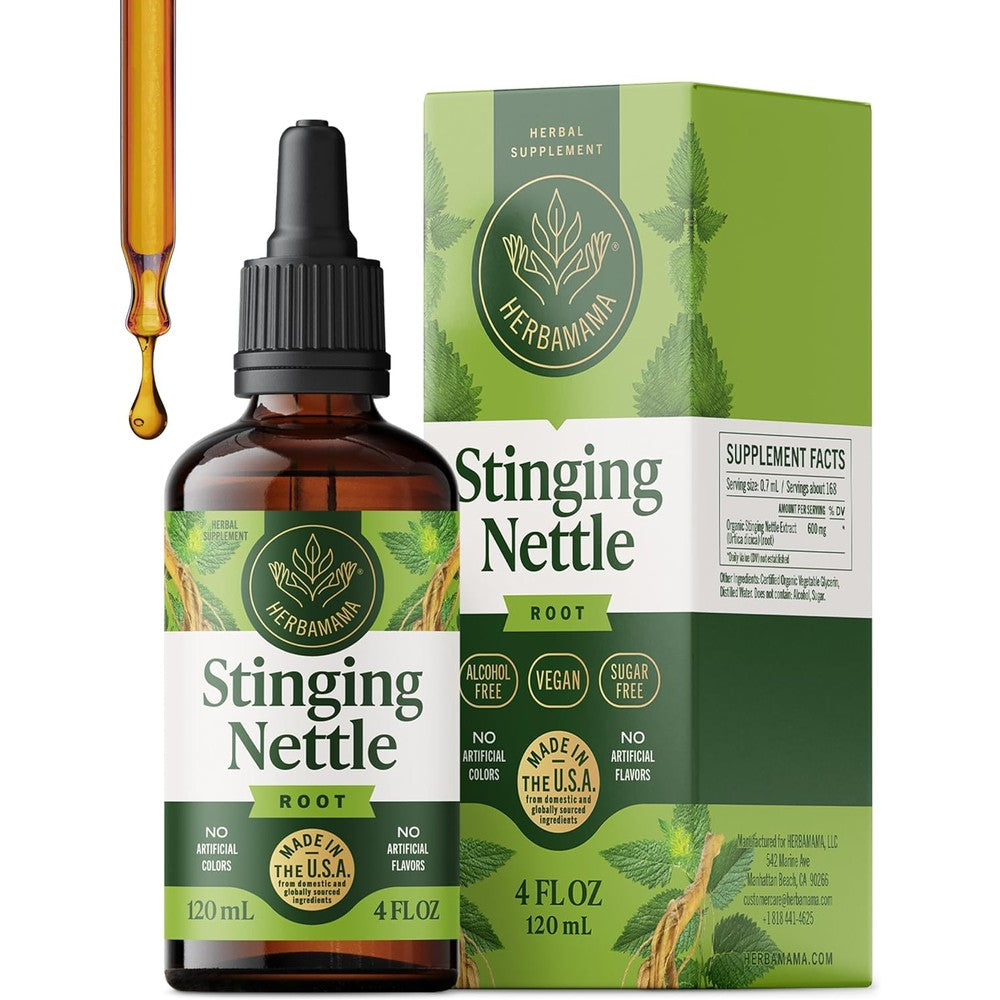 Herbamama Stinging Nettle Root Tincture front view bottle showing alcohol free formula labels