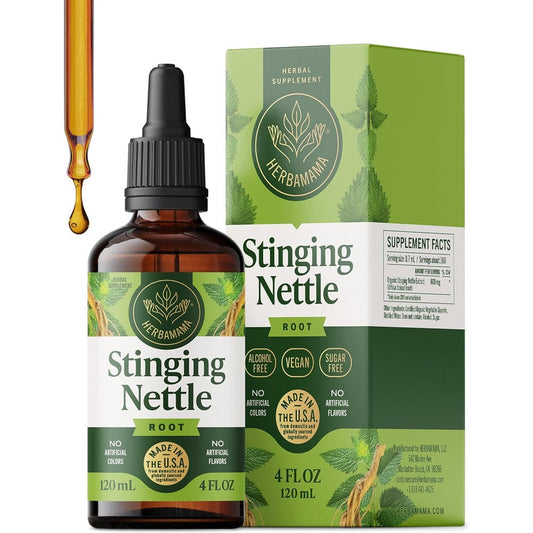 Herbamama Stinging Nettle Root Tincture front view bottle showing alcohol free formula labels
