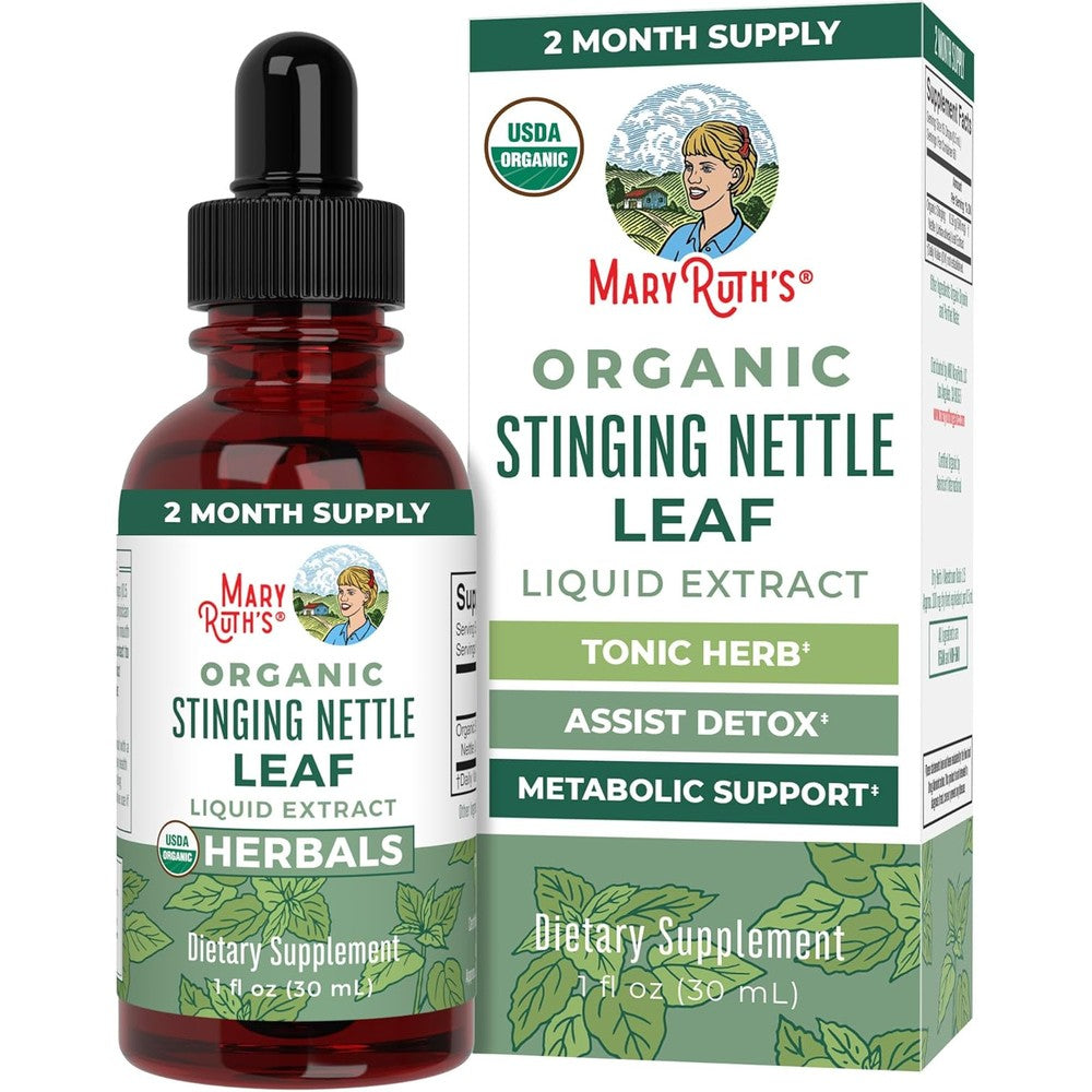 MaryRuth Organics Nettle Leaf Detox Supplement Herbal Drops 1 Fluid Ounce front view of amber glass bottle with dropper cap.