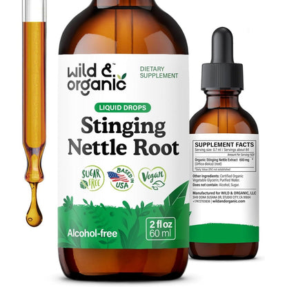 Wild And Organic stinging nettle root extract drops front view bottle