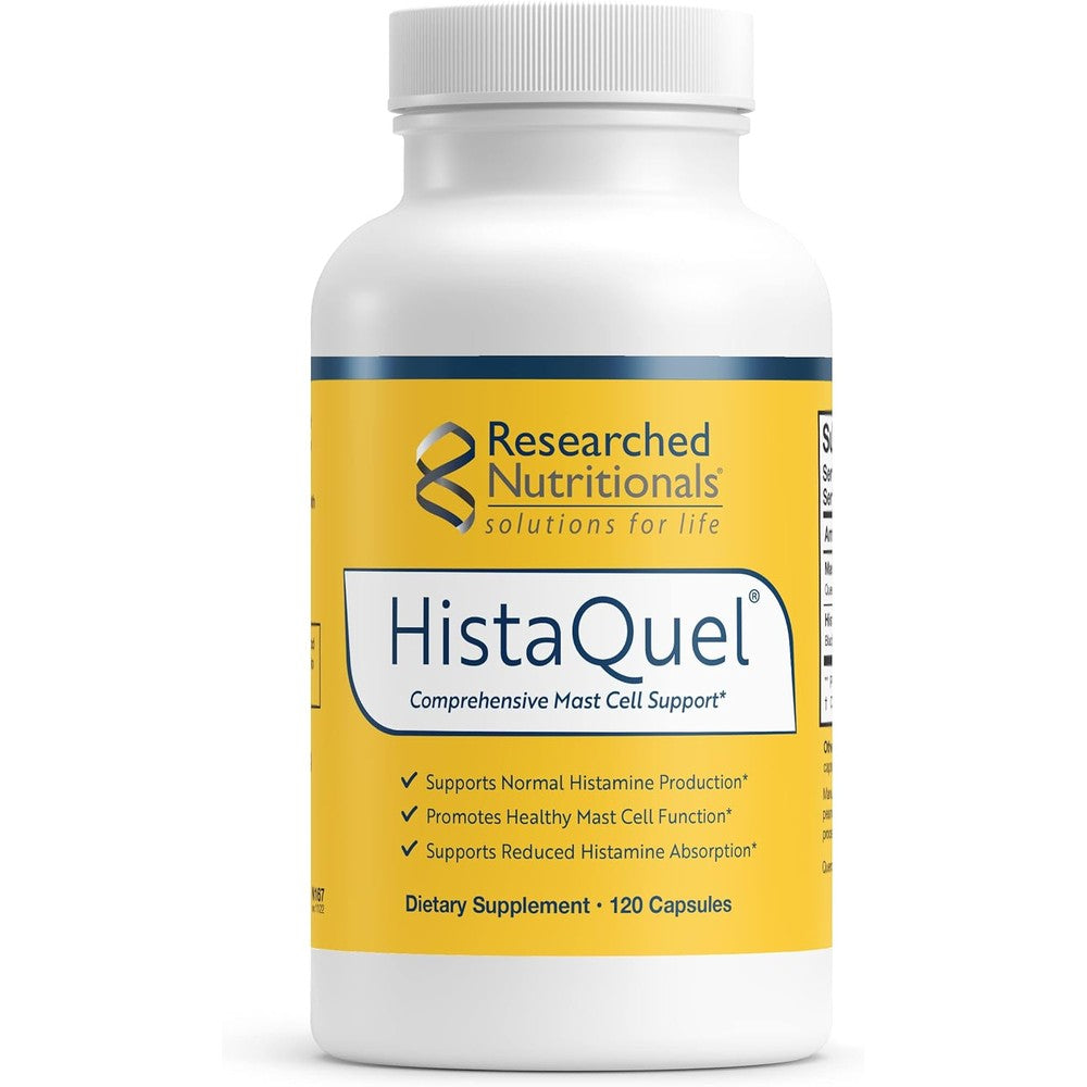Researched Nutritionals HistaQuel 120 capsules front label showing mast cell support benefits